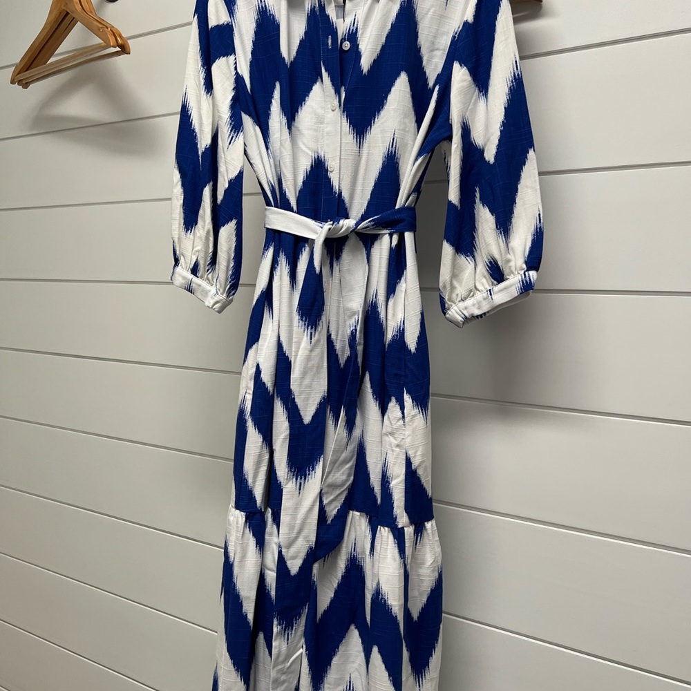 Chico's Blue and White Sundress with Cuffed Sleeves